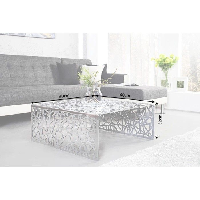 Couchtisch METRIX quadratisch 60 cm – Design-Couchtisch aus silbernem Aluminium mit geometrischen Mustern