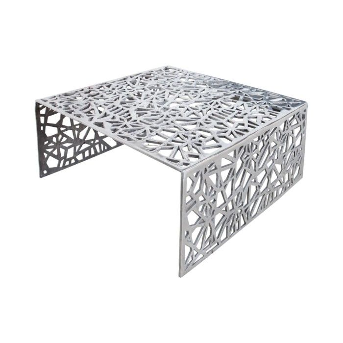 Couchtisch METRIX quadratisch 60 cm – Design-Couchtisch aus silbernem Aluminium mit geometrischen Mustern