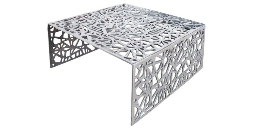 Table basse METRIX carrée 60 cm – Table basse design en aluminium argenté à motifs géométriques