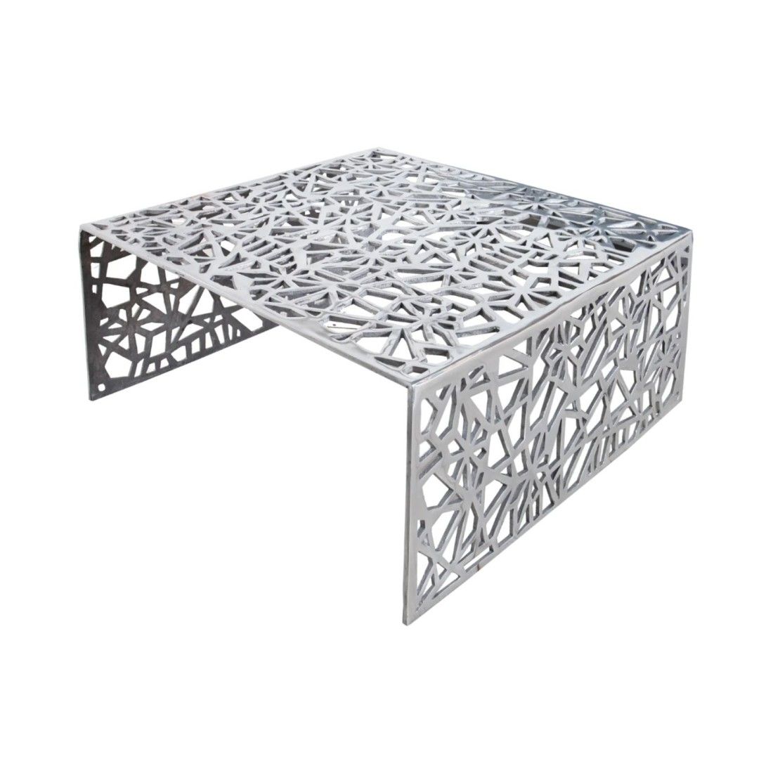 Table basse METRIX carrée 60 cm – Table basse design en aluminium argenté à motifs géométriques