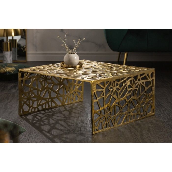 Couchtisch METRIX quadratisch 60 cm – Design-Couchtisch aus goldenem Aluminium mit geometrischen Mustern