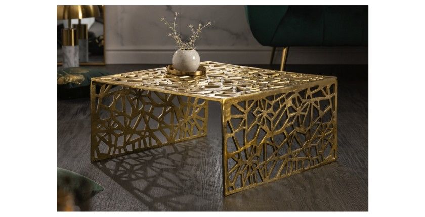 Table basse METRIX carrée 60 cm – Table basse design en aluminium doré à motifs géométriques