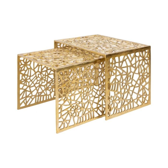 Niedrige Beistelltische METRIX in Gold – Design-Beistelltische aus Aluminium mit geometrischen Mustern
