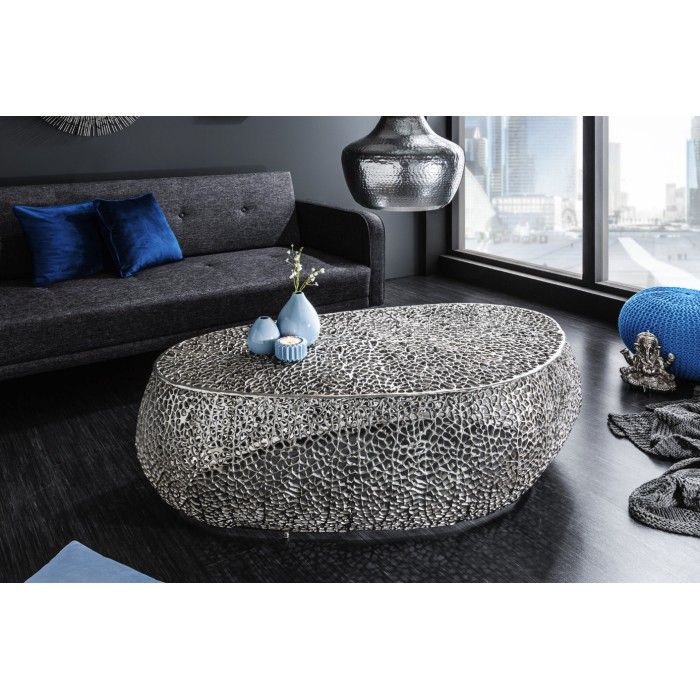 Table basse asymétrique 122x69cm METRIX argenté mise en situation