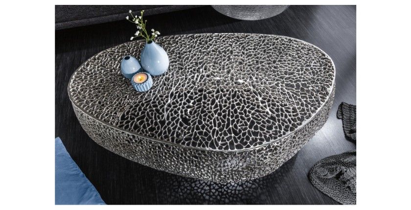 Table basse design METRIX 122x69 cm – Aluminium argenté à motifs arrondis