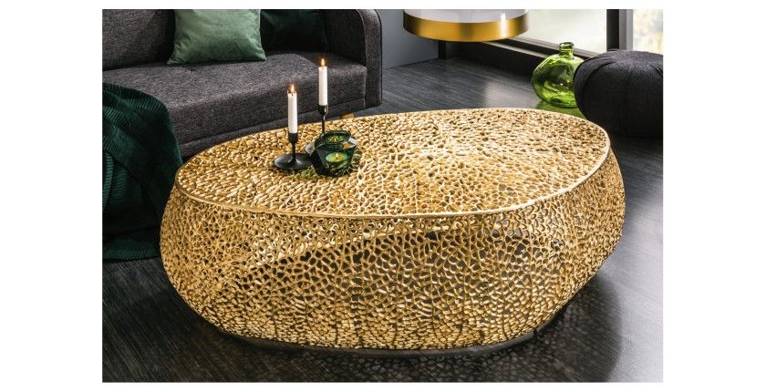 Table basse design METRIX 122x69 cm – Aluminium doré à motifs arrondis