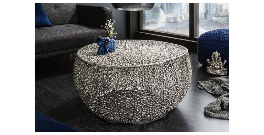 Table basse METRIX ronde argentée 80 cm – Table basse design en aluminium ajouré