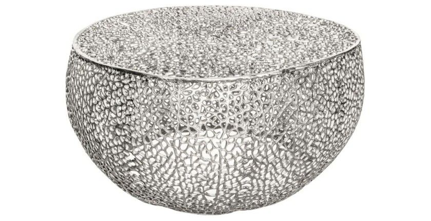 Table basse METRIX ronde argentée 80 cm – Table basse design en aluminium ajouré