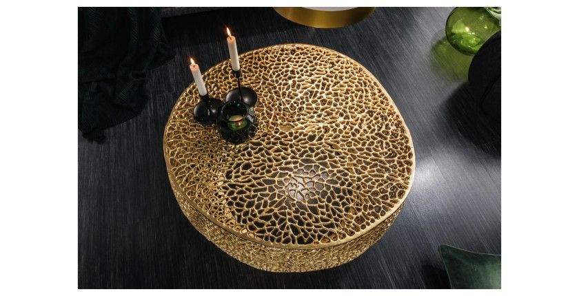 Table basse METRIX ronde dorée 80 cm – Table basse design en aluminium ajouré