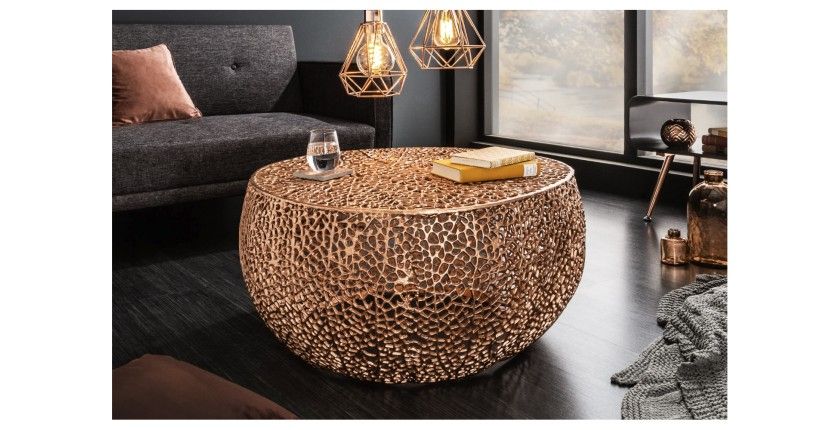 Table basse METRIX ronde bronze 80 cm – Table basse design en aluminium ajouré sans pieds