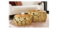 Lot de 2 tables basses METRIX dorées avec motif feuillage – Tables basses design en aluminium et bois d’acacia