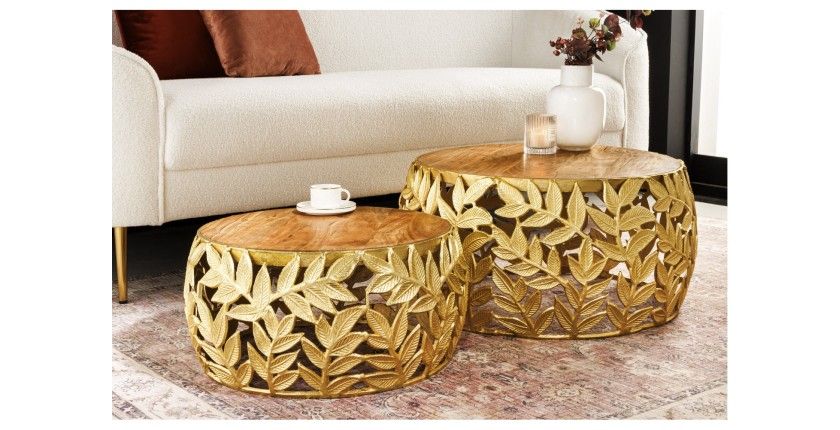 Lot de 2 tables basses METRIX dorées avec motif feuillage – Tables basses design en aluminium et bois d’acacia