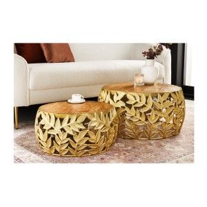 Lot de 2 tables basses METRIX dorées avec motif feuillage – Tables basses design en aluminium et bois d’acacia