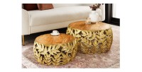 Lot de 2 tables basses METRIX dorées avec motif feuillage – Tables basses design en aluminium et bois d’acacia