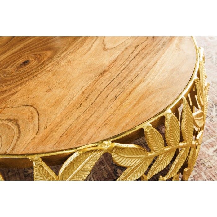 Set di 2 tavolini METRIX dorati con motivo a fogliame - Tavolini di design in alluminio e legno di acacia
