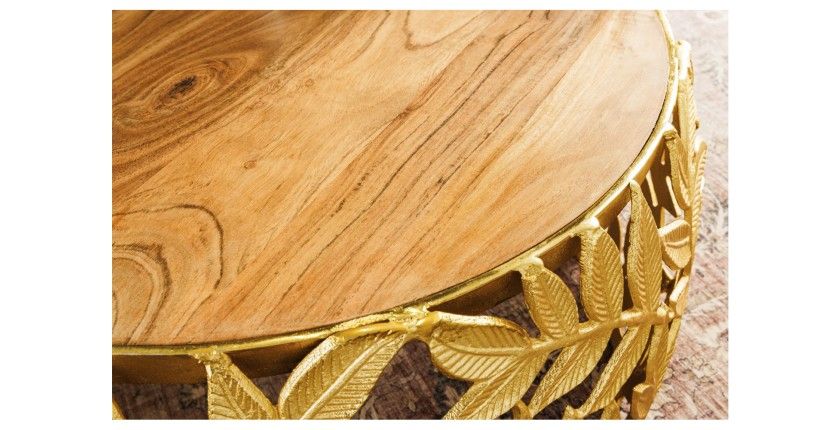 Lot de 2 tables basses METRIX dorées avec motif feuillage – Tables basses design en aluminium et bois d’acacia