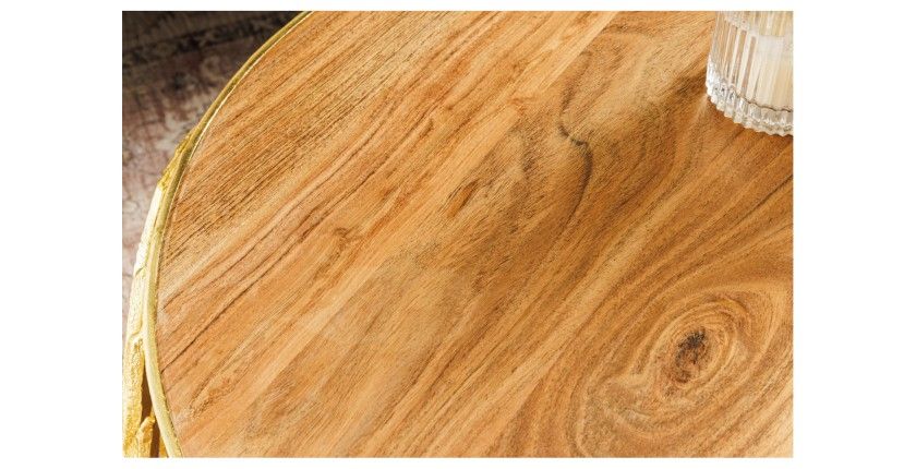 Lot de 2 tables basses METRIX dorées avec motif feuillage – Tables basses design en aluminium et bois d’acacia