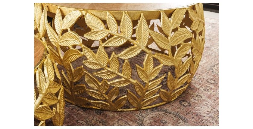 Lot de 2 tables basses METRIX dorées avec motif feuillage – Tables basses design en aluminium et bois d’acacia