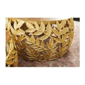 Lot de 2 tables basses METRIX dorées avec motif feuillage – Tables basses design en aluminium et bois d’acacia