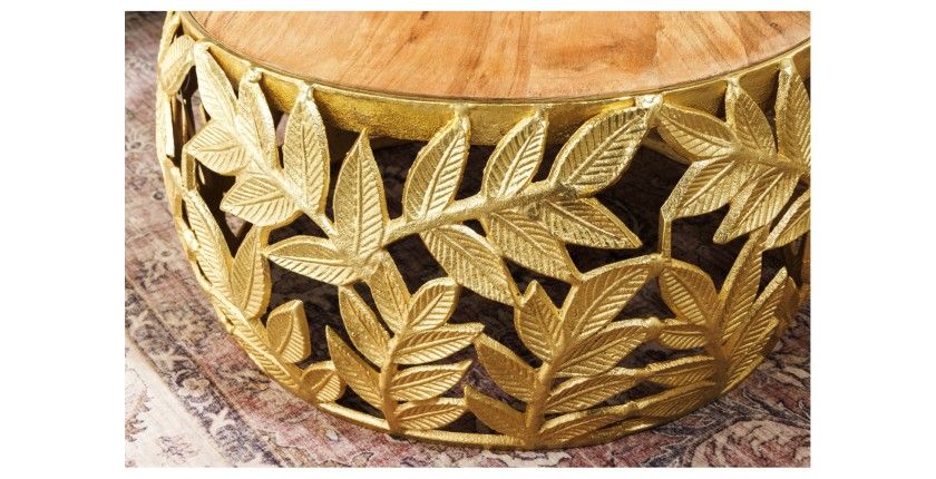 Lot de 2 tables basses METRIX dorées avec motif feuillage – Tables basses design en aluminium et bois d’acacia