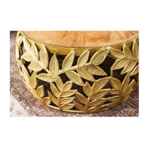 Lot de 2 tables basses METRIX dorées avec motif feuillage – Tables basses design en aluminium et bois d’acacia