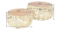 Lot de 2 tables basses METRIX dorées avec motif feuillage – Tables basses design en aluminium et bois d’acacia