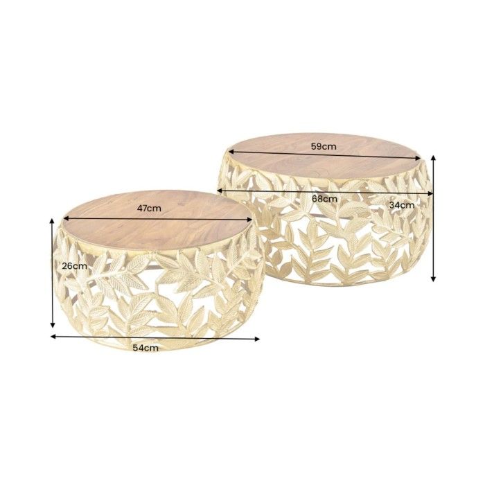Set di 2 tavolini METRIX dorati con motivo a fogliame - Tavolini di design in alluminio e legno di acacia