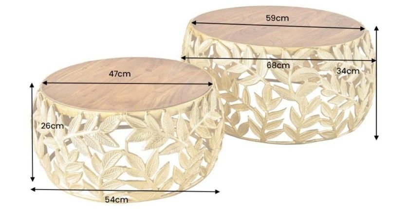 Lot de 2 tables basses METRIX dorées avec motif feuillage – Tables basses design en aluminium et bois d’acacia