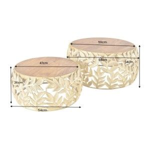 Lot de 2 tables basses METRIX dorées avec motif feuillage – Tables basses design en aluminium et bois d’acacia