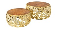 Lot de 2 tables basses METRIX dorées avec motif feuillage – Tables basses design en aluminium et bois d’acacia