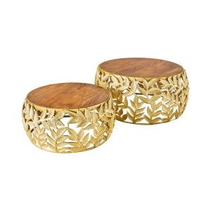 Lot de 2 tables basses METRIX dorées avec motif feuillage – Tables basses design en aluminium et bois d’acacia