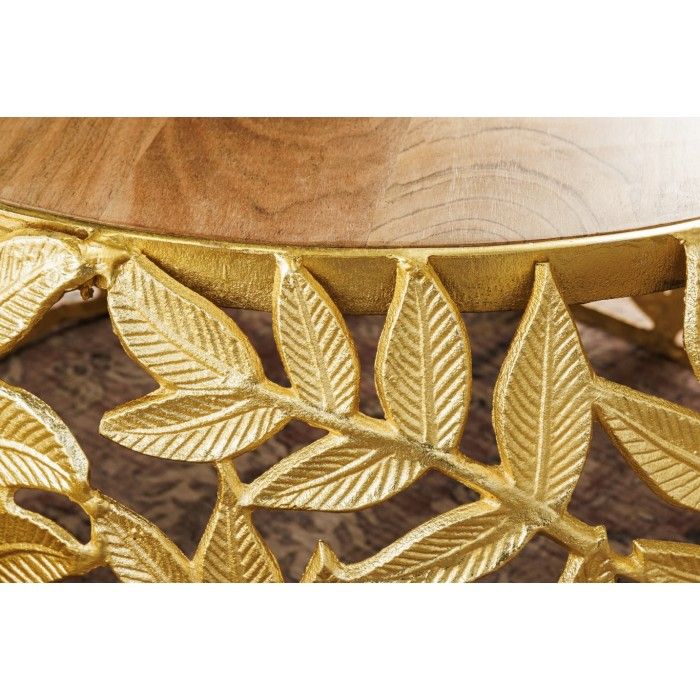 Set di 2 tavolini METRIX dorati con motivo a fogliame - Tavolini di design in alluminio e legno di acacia