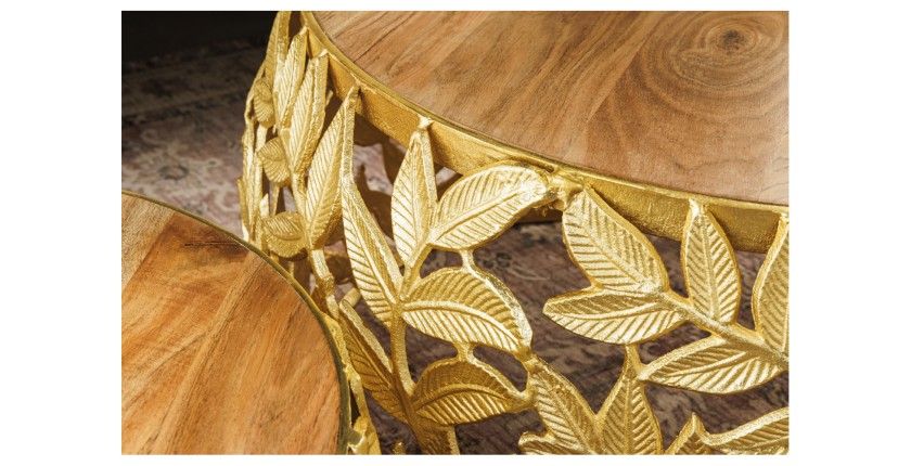 Lot de 2 tables basses METRIX dorées avec motif feuillage – Tables basses design en aluminium et bois d’acacia