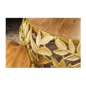 Lot de 2 tables basses METRIX dorées avec motif feuillage – Tables basses design en aluminium et bois d’acacia