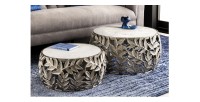 Lot de 2 tables basses METRIX argentées avec plateau en marbre – Tables basses design motif feuillage