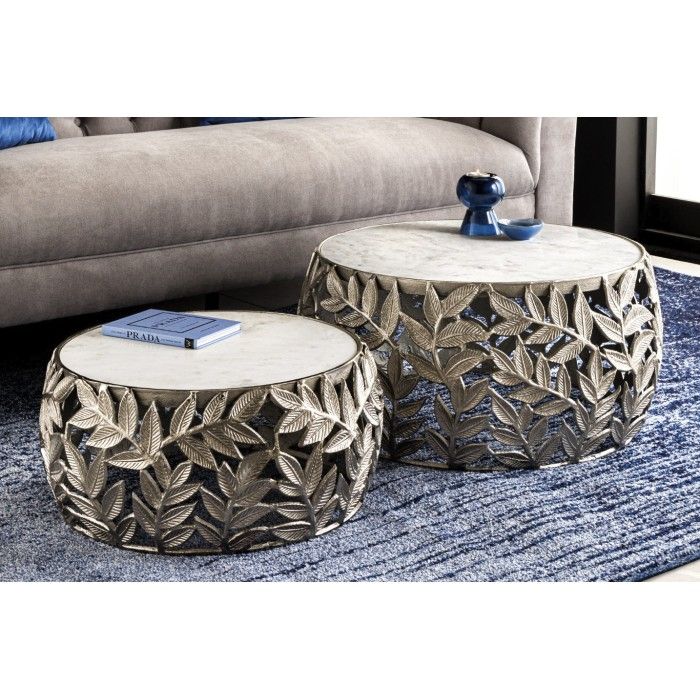 Set di 2 tavolini METRIX argentati con piano in marmo - Tavolini design con motivo a fogliame