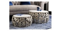 Lot de 2 tables basses METRIX argentées avec plateau en marbre – Tables basses design motif feuillage
