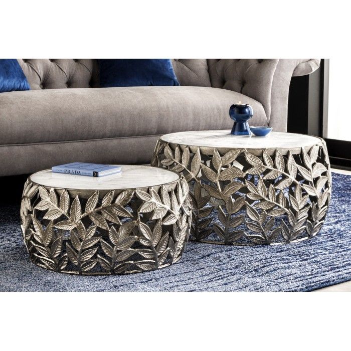Set di 2 tavolini METRIX argentati con piano in marmo - Tavolini design con motivo a fogliame
