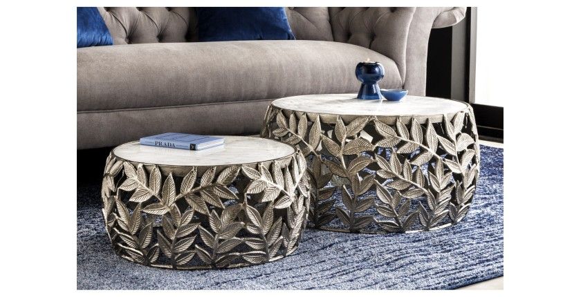 Lot de 2 tables basses METRIX argentées avec plateau en marbre – Tables basses design motif feuillage
