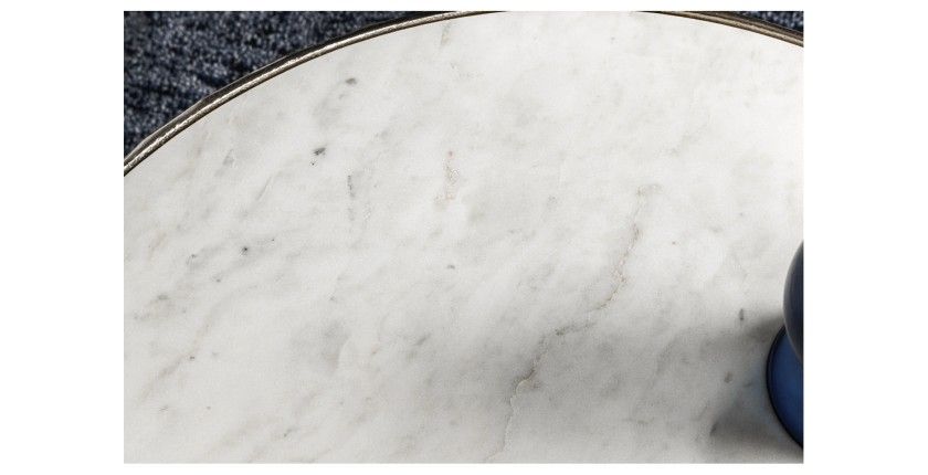 Lot de 2 tables basses METRIX argentées avec plateau en marbre – Tables basses design motif feuillage