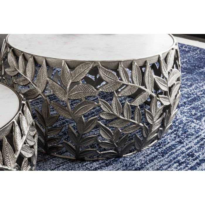 Set di 2 tavolini METRIX argentati con piano in marmo - Tavolini design con motivo a fogliame
