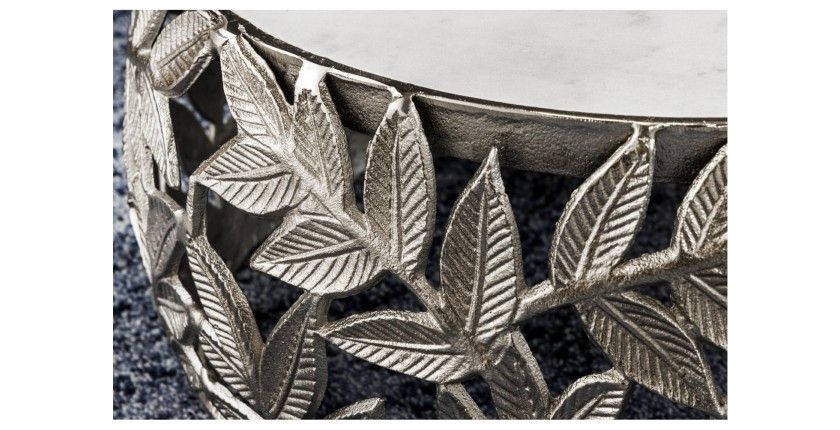 Lot de 2 tables basses METRIX argentées avec plateau en marbre – Tables basses design motif feuillage