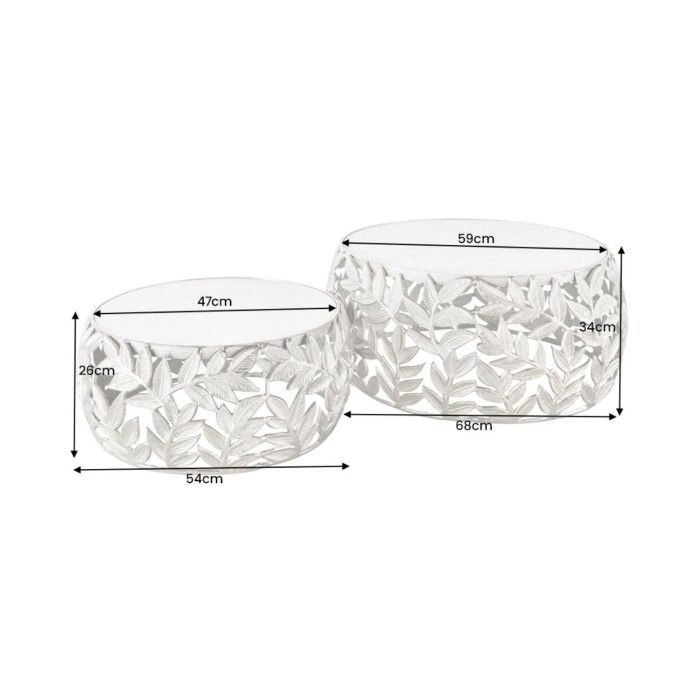Set di 2 tavolini METRIX argentati con piano in marmo - Tavolini design con motivo a fogliame