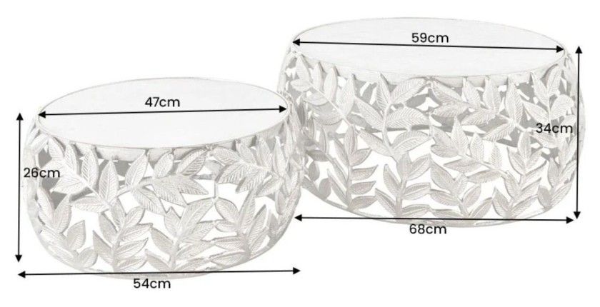 Lot de 2 tables basses METRIX argentées avec plateau en marbre – Tables basses design motif feuillage