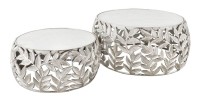 Lot de 2 tables basses METRIX argentées avec plateau en marbre – Tables basses design motif feuillage
