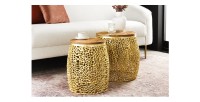 Lot de 2 tables basses METRIX dorées avec petit motif arrondi – Tables basses design en aluminium et bois d’acacia