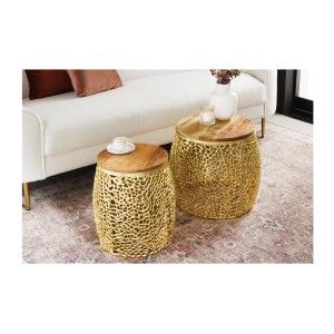Lot de 2 tables basses METRIX dorées avec petit motif arrondi – Tables basses design en aluminium et bois d’acacia