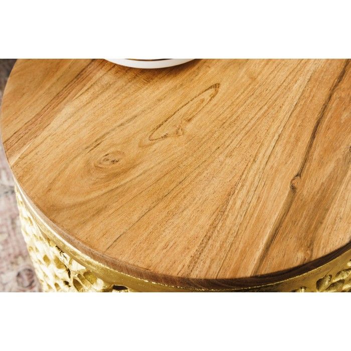Set di 2 tavolini METRIX dorati con piccolo motivo arrotondato - Tavolini design in alluminio e legno di acacia