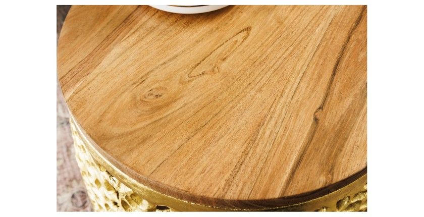 Lot de 2 tables basses METRIX dorées avec petit motif arrondi – Tables basses design en aluminium et bois d’acacia