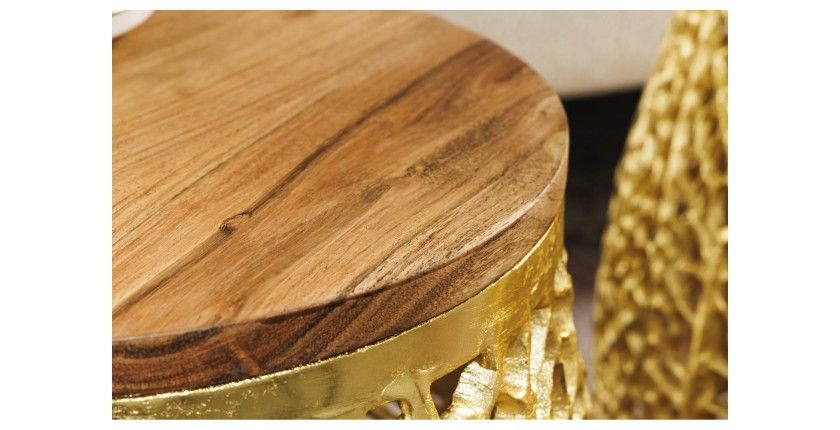 Lot de 2 tables basses METRIX dorées avec petit motif arrondi – Tables basses design en aluminium et bois d’acacia